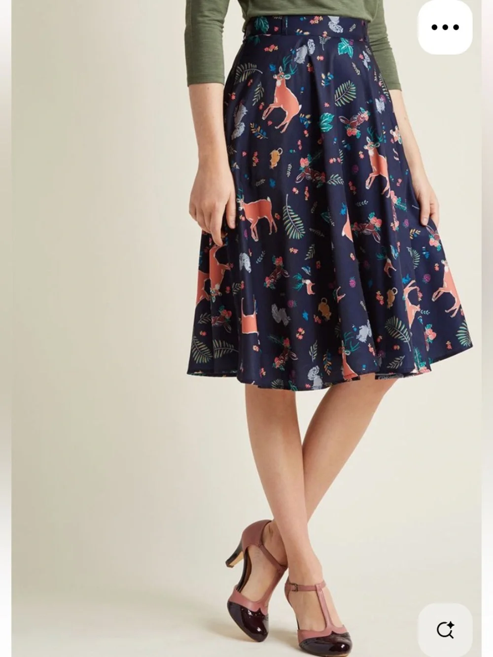 ModCloth Navy Blue Forrest Deer Animal Print A-Line Midi Skirt Medium